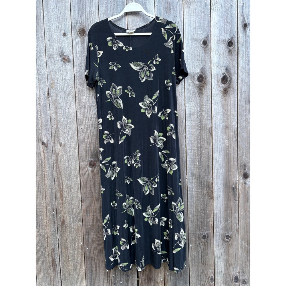 Jostar Vintage Black Floral Lily Print Short Sleeve Maxi Dress‎ Made in USA Med
